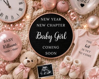 New Year Pregnancy Announcement Template, Baby Girl 2027 Digital Social Media Canva Reveal