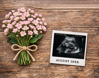 Minimal Girl Rustic Pregnancy Announcement Template, Pink Floral Ultrasound Social Media Editable Canva Baby Reveal