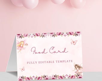 Fairy 1st Birthday Party Food Label, Editable Canva Template Tent Card FF662