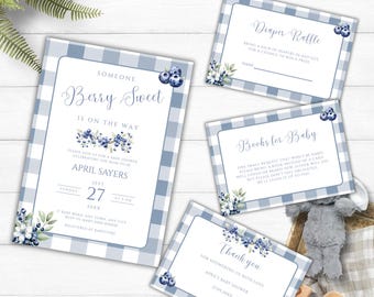 Blueberry Baby Shower Bundle, Boys Printable Berry Sweet Editable Invitation Template, Blue Gingham Books for Baby, Diaper Raffle  BE497