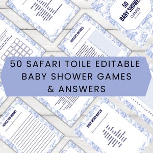 Editable Blue Safari Toile Baby Shower Games Canva Template, 50 Printable French Chinoiserie Activities, Baby Bingo Instant Download ST416