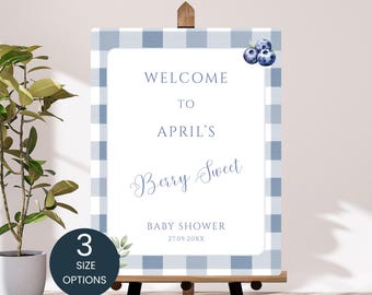 Blueberry Baby Shower Welcome Sign, Boys Berry Sweet Printable Poster, Blue Gingham Editable Canva Template Welcome Sign, BE497