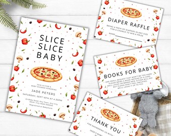 Slice Slice Baby Shower Invitation Bundle, Gender Neutral Pizza Printable Template, Editable Diaper Raffle Books for Baby Thank You SS776