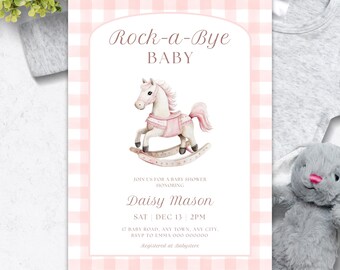 Sjabloon uitnodiging babyshower hobbelpaard, roze gingang (digitale download) HP113