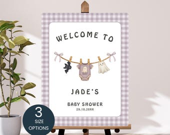 Little Boo Purple Baby Shower Welcome Sign, Girls Laundry Line Printable Poster, Editable Halloween Gingham Canva Template Bat Ghost LB661
