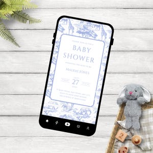 Safari Toile Blue Baby Shower Evite, Boys Light Blue Elegant Chinoiserie Jungle Animals Digital Invitation, Editable Canva Template, ST416