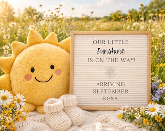 Little Sunshine Pregnancy Announcement Template, Editable Neutral Summer Social Media Baby Reveal Digital Download
