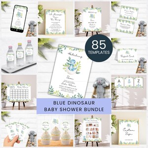 May include: A collection of baby shower decorations and stationery with a blue dinosaur theme. Includes invitations, signs, cupcake toppers, water bottle labels, and a calendar. The text includes "Hatching" and "Baby Shower Bundle".