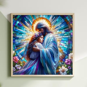 May include: A framed stained-glass style artwork depicts two figures embracing. One figure, with long hair and a halo, embraces another figure wearing a floral crown. The background features a vibrant stained-glass design with floral accents.