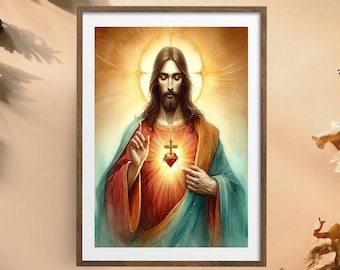 Sacred Heart of Jesus Watercolor Print: Catholic Home Decor (Digital Download)