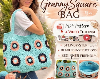 Wzór na szydełkową torbę Grandma Square Tote w formacie PDF + samouczek wideo, przyjazny dla początkujących, natychmiastowe pobranie, podszewka na ramionach