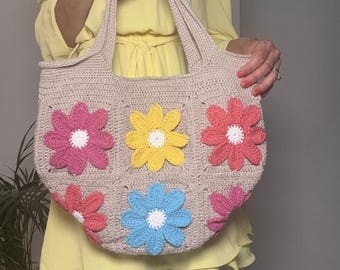 Crochet Granny Square Bag: Handmade Floral Cotton Boho Purse