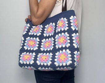 Handmade Granny Square Crochet Tote – Boho Cotton Shoulder Bag, Leather Strap