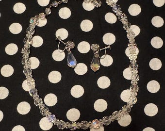 Vintage Aurora Borealis crystal necklace and earrings set