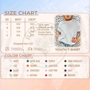 May include: A white youth t-shirt is displayed with a size and color chart. The size chart shows measurements in inches for sizes S to XL. The color chart includes options like white, black, and red.