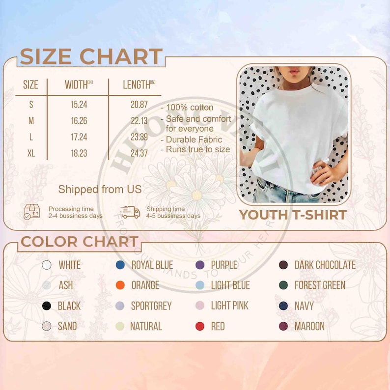 May include: A white youth t-shirt is displayed with a size and color chart. The size chart shows measurements in inches for sizes S to XL. The color chart includes options like white, black, and red.