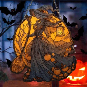 Halloween Hexe Laterne Acryl Suncatcher Fensterbehang, Gothic Hexe Halloween Dekor, Gruselige Hexe Suncatcher Ornament, Herbst Dekor