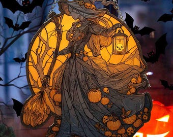 Halloween Hexe Laterne Acryl Suncatcher Fensterbehang, Gothic Hexe Halloween Dekor, Gruselige Hexe Suncatcher Ornament, Herbst Dekor