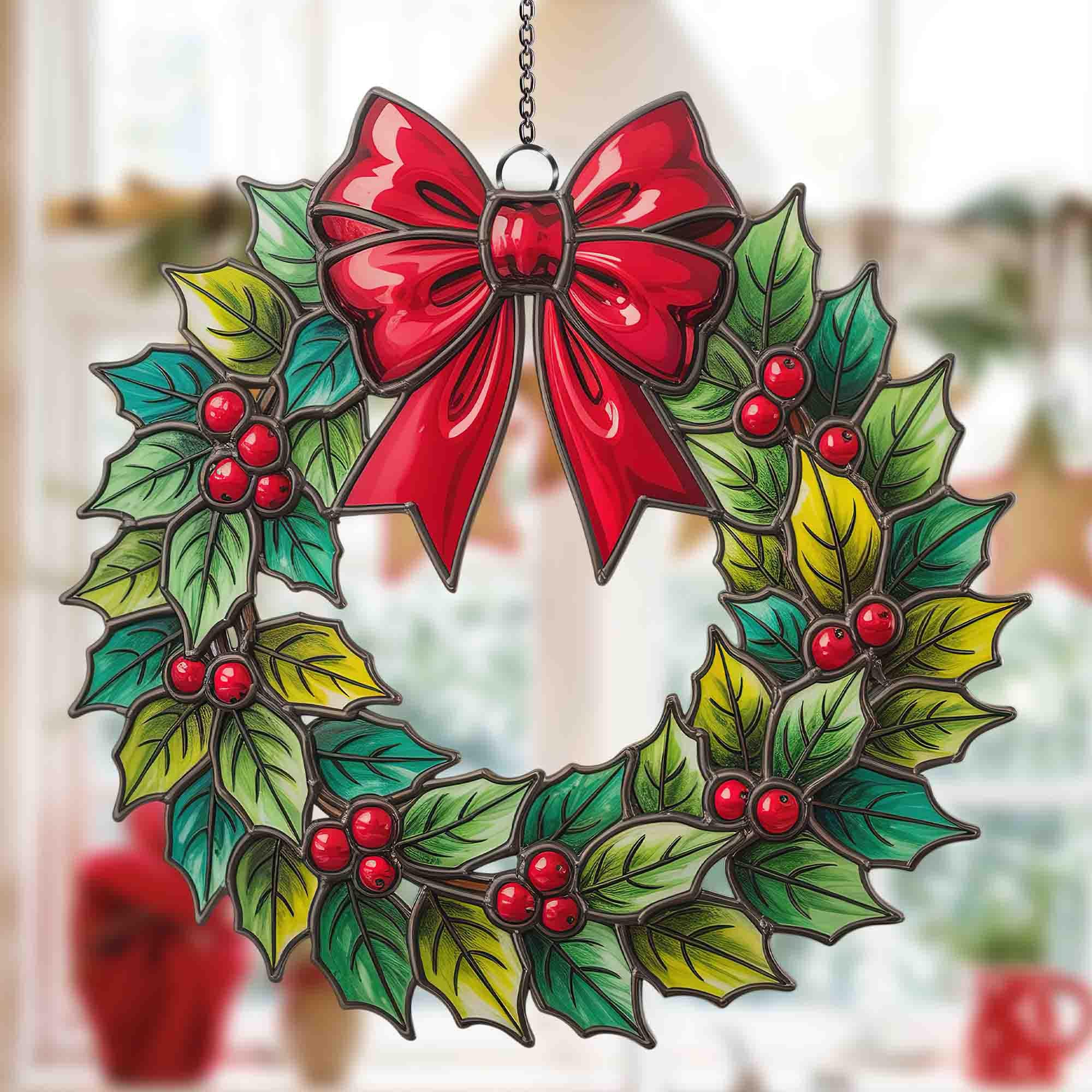Christmas Wreath Acrylic Suncatcher, Faux Stained Glass Holiday…