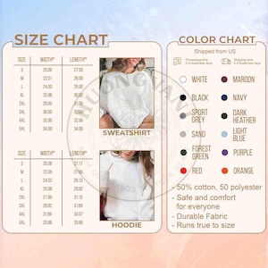 May include: A size and color chart for sweatshirts and hoodies. The size chart shows measurements in inches for sizes S to 5XL. The color chart displays available colors, including white, black, and navy. The image also includes the text "SWEATSHIRT" and "HOODIE".