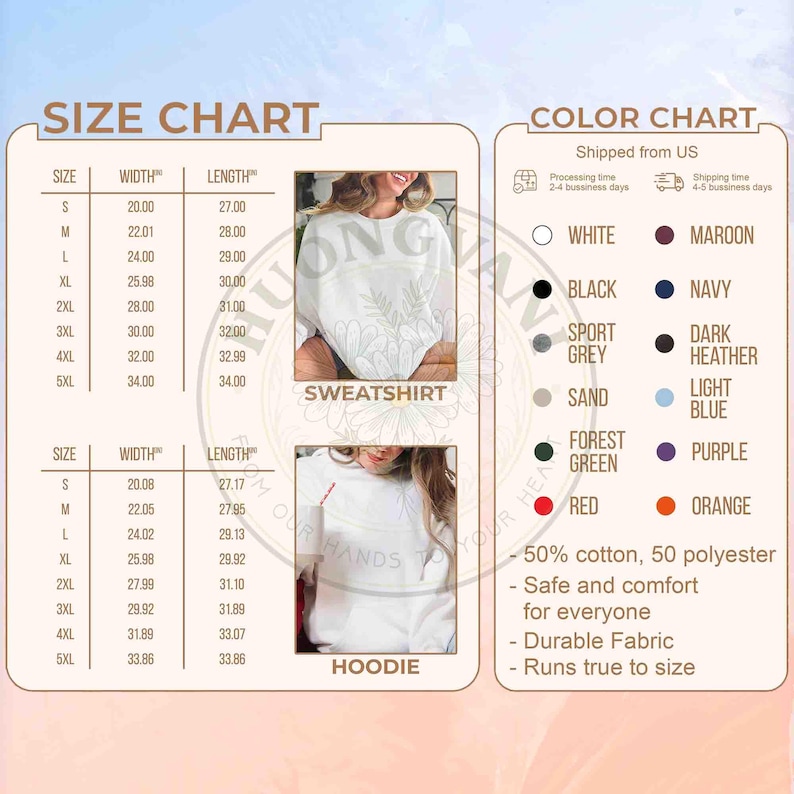 May include: A size and color chart for sweatshirts and hoodies. The size chart shows measurements in inches for sizes S to 5XL. The color chart displays available colors, including white, black, and navy. The image also includes the text "SWEATSHIRT" and "HOODIE".