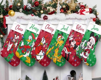 Personalized Mickey And Friends Christmas Stockings, Disney Characters Family Christmas Stockings With Family Name, Custom Holiday Decor