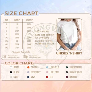 May include: Unisex t-shirt size chart with measurements in inches. Includes a color chart with options like white, black, and red. The shirt is made of 100% cotton and is safe and comfortable. The image also shows a person wearing a white t-shirt.