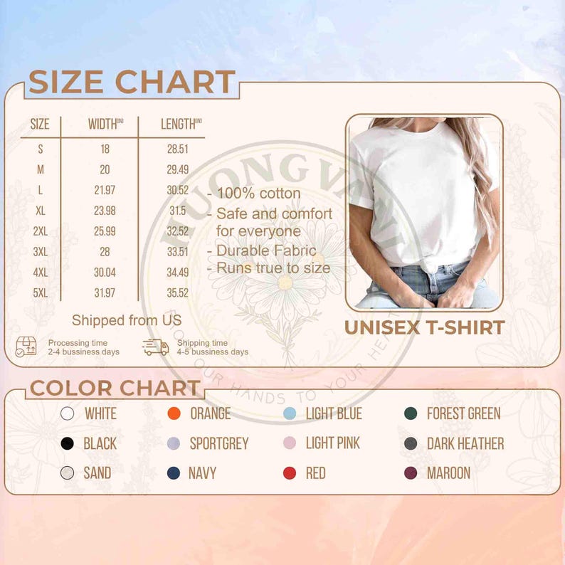 May include: Unisex t-shirt size chart with measurements in inches. Includes a color chart with options like white, black, and red. The shirt is made of 100% cotton and is safe and comfortable. The image also shows a person wearing a white t-shirt.