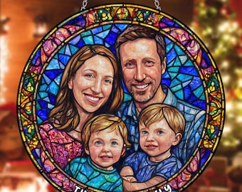 Atrapasueños de vidrio con retrato familiar personalizado, colgante de ventana con retrato familiar personalizado, regalo de arte en vitral, regalo de Navidad, regalo conmemorativo