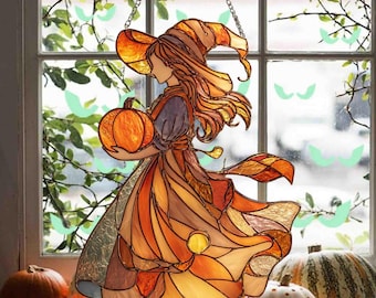 Zawieszka na okno z akrylu w kształcie czarownicy na Halloween, dekoracja z witrażu z dynią, upiorny łapacz słońca w kształcie czarownicy, prezent dla miłośnika czarownic