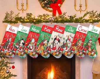 Personalized Multi-character Mickey And Friends Christmas Stocking, Custom Disney Christmas Stocking With Family Name, Disney Christmas Gift