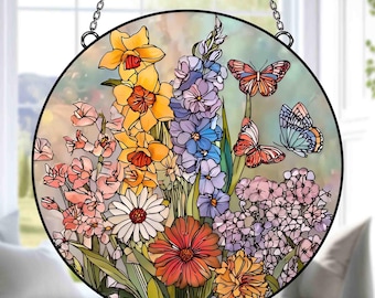 Atrapasueños de cristal con flores de nacimiento personalizadas, arte floral en cristal, regalo de flores de nacimiento para la abuela, decoración de jardín para la abuela, regalo para la abuela.