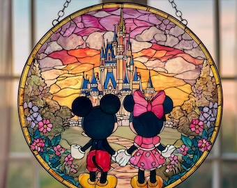 Łapacz słońca z witrażem Myszka Miki i Minnie, zawieszka na okno z imieniem pary Disney, prezent na rocznicę dla męża i żony, prezent dla pary