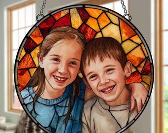 Custom Stained Glass Family Portrait Suncatcher, Personalized Photo Window Hanging Gift for Mom Grandma, Family Photo Gift, Anniversary Gift