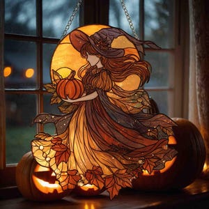 Hexenlaterne Acryl Suncatcher für Halloween Dekor, Gothic Hexe Fenster Suncatcher, Gruselige Hexe Wohnkultur, Hexe und Mond Fensterbehang