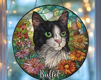 Cat Loss Memorial Stained Glass Suncatcher, Personalized Cat Portrait From Photo, Cat Sympathy Gift, Cat Lovers Gift, Pet Remembrance Gift