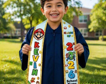 Estola de graduación personalizada con nombre Mario para niños, regalo de graduación para niños, banda de jardín de infantes de la clase de 2026, regalo de estola de graduación para hija o hijo.