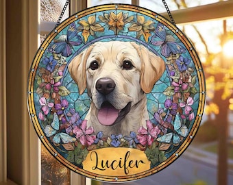 Custom Pet Portrait Stained Glass Suncatcher, Stained Glass Dog Memorial, Custom Dog Photo With Name Window Hanging, Pet Sympathy Gift