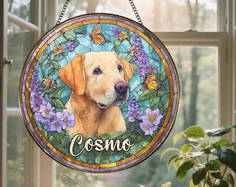 Custom Dog Portrait Stained Glass Suncatcher, Dog Cat Glass Art, Pet Portrait From Photo, Dog Memorial Gift, Sympathy Gift, Pet Loss Gift