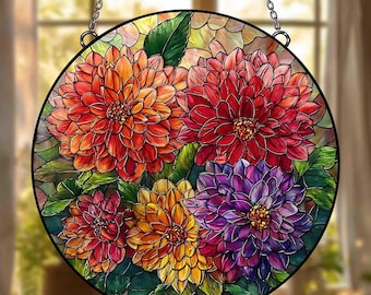 ダリアの花のステンドグラスのサンキャッチャー、ダリアの窓飾り、カラフルな花の窓飾り、花の庭飾り、おばあちゃんへの誕生日プレゼント