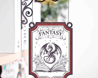 Fantasy Dragon Book Sign, Dragon Library Sign, Bookshelf Sign for Book Nook, Fantasy Book Lover & Reader Gift, Bookshelf Decor, Bookish Gift