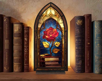 Portacandele acchiappasole con rosa incantata ispirato a La Bella e la Bestia, libreria con la principessa Belle, decorazione per la stanza delle fate, regalo per gli amanti dei libri