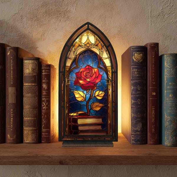 Beauty and The Beast Inspired Enchanted Rose Suncatcher Candle Holder, Belle Princess Bookshelf Decor, Fairy Room Decor, Book Lover Gift