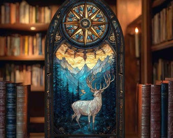 May include: A stained glass panel featuring a mountain landscape with a white deer. The panel has a dark frame and a compass rose design at the top. The background includes a forest and mountains.
