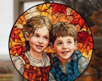 Custom Stained Glass Portrait Ornament, Personalized Family Photo Suncatcher Window Hanging, Couple or Family Photo Gift, Holiday Keepsake