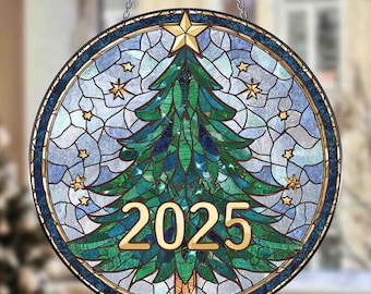 Personalized Stained Glass Christmas Tree Suncatcher, Christmas Tree 2025 Window Decor, Christmas Holiday Ornament With Name, Christmas Gift