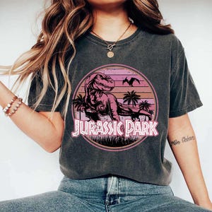 Pu&ograve; includere: T-shirt grigio scuro con una grafica rosa e viola di un Tyrannosaurus Rex all'interno di un design circolare. La grafica include palme, un tramonto e il testo "JURASSIC PARK" in rosa.