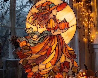 Akrylowy łapacz słońca na okno z motywem czarownicy na Halloween, dekoracja z witrażu z dynią na Halloween, upiorna dekoracja w kształcie latarni czarownicy, jesienna dekoracja