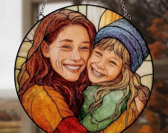 Personalized Photo Suncatcher for Mom Dad Grandma, Custom Stained Glass Family Portrait Window Hanging, Photo Glass Art, Family Keepsake