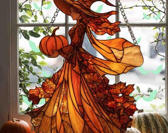Jesienny łapacz słońca z akrylu w kształcie wiedźmy na Halloween, sztuczny witraż z dynią na Halloween, ozdoba na okno w kształcie gotyckiej wiedźmy, jesienna dekoracja